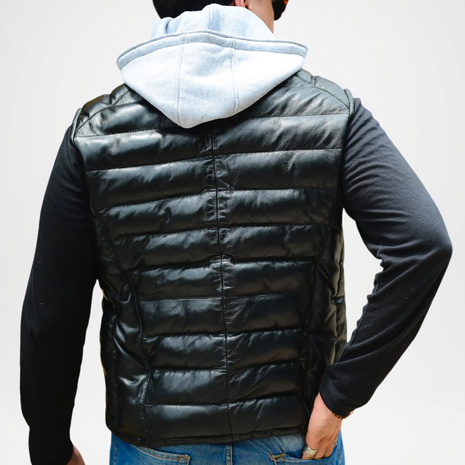 black puffer jacket vest with hood
