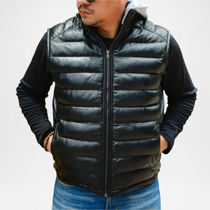 Black Leather Puffer Vest with Hood