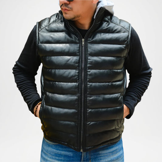 Black Leather Puffer Vest with Hood