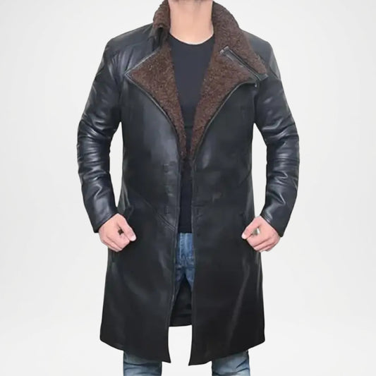 Men’s Black Shearling Leather Trench Coat