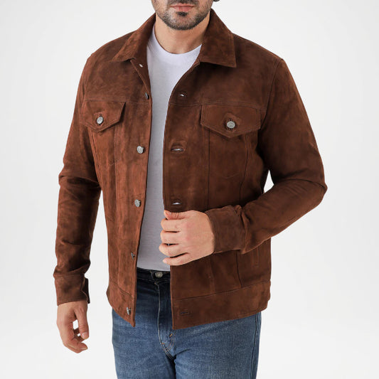 Chocolate Brown Suede Trucker Jacket for Men