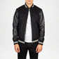 black letterman jacket with leather sleeves
