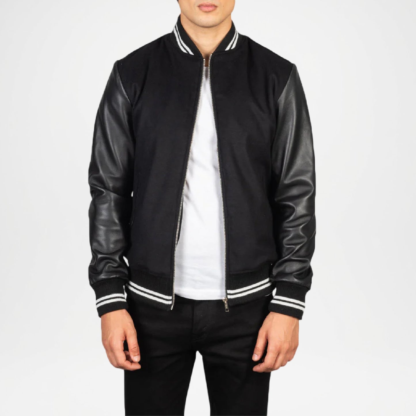 black letterman jacket with leather sleeves