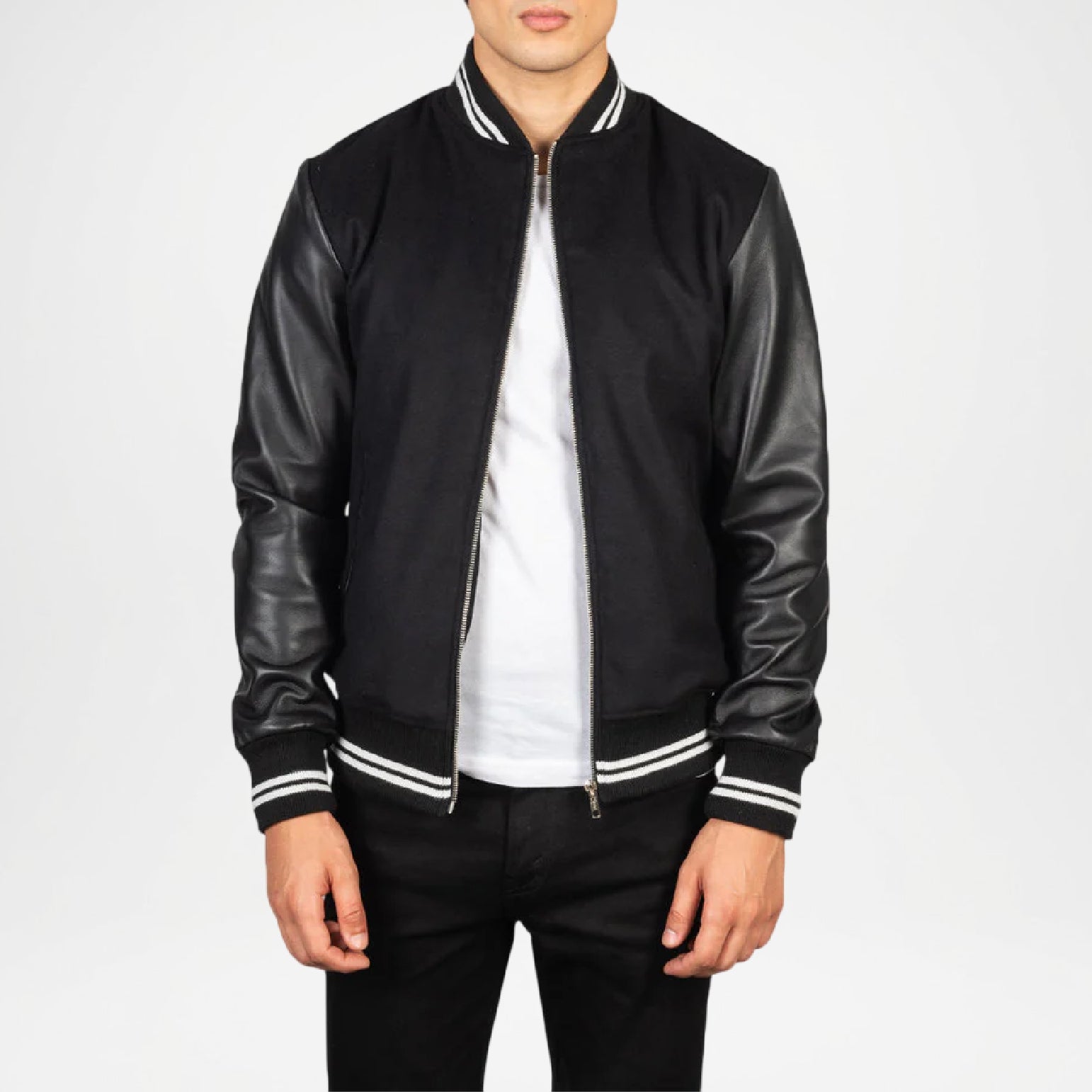 black letterman jacket with leather sleeves