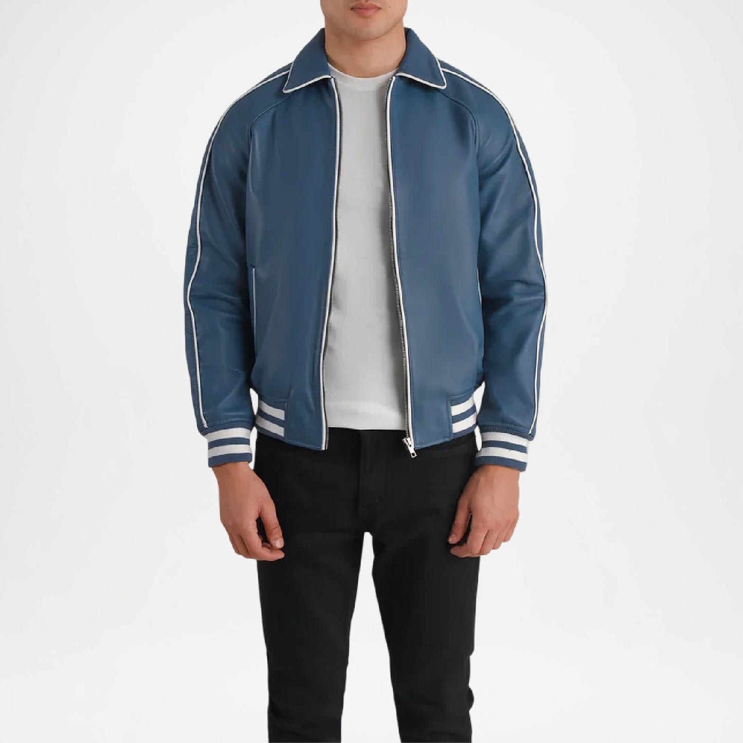 blue jacket with white stripes 