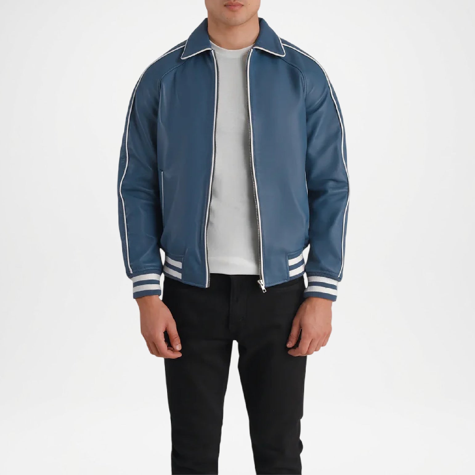 blue jacket with white stripes 