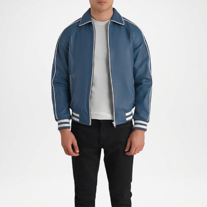 blue jacket with white stripes 