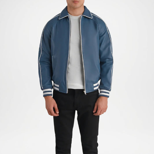 blue jacket with white stripes 