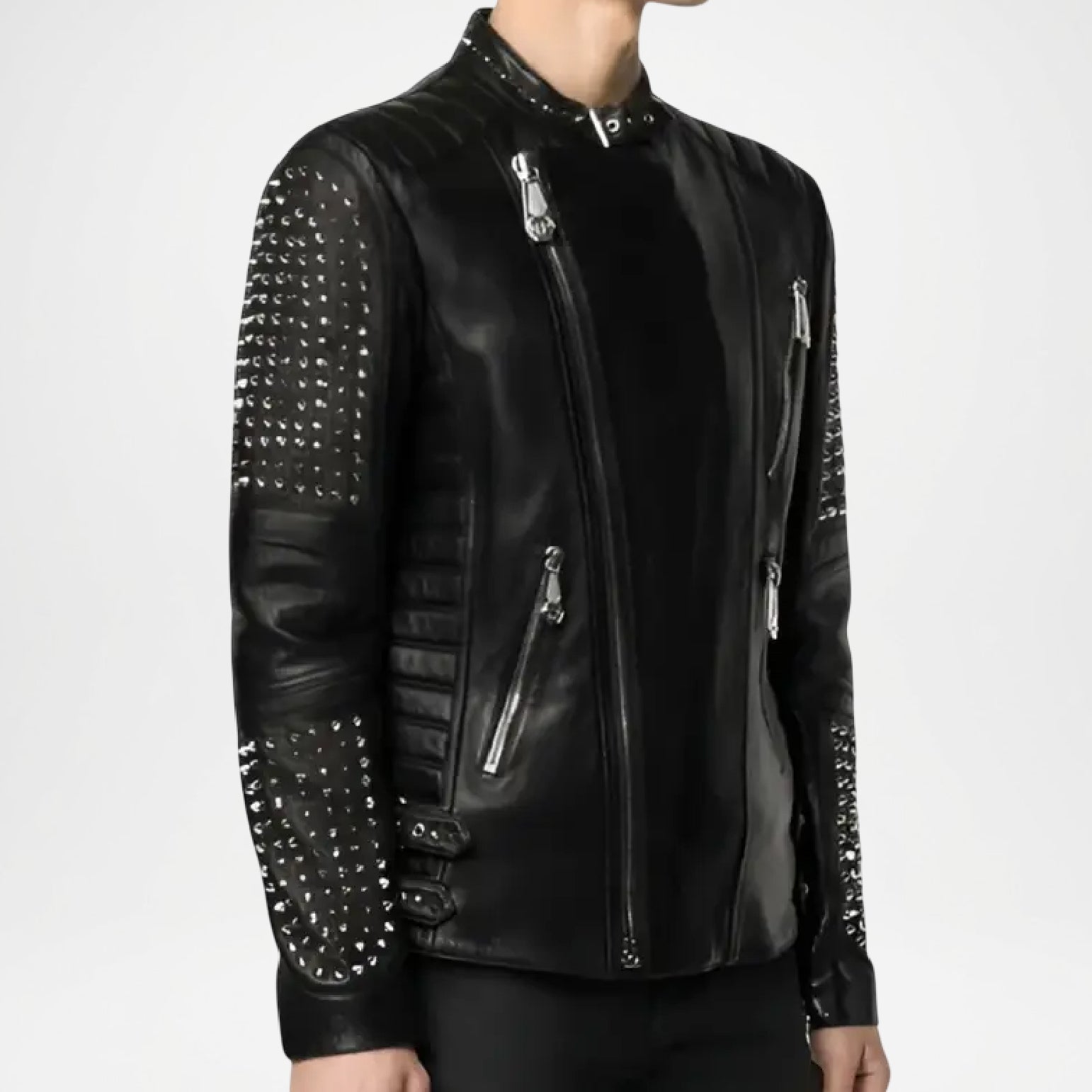 Black Studded Biker Leather Jacket for Men