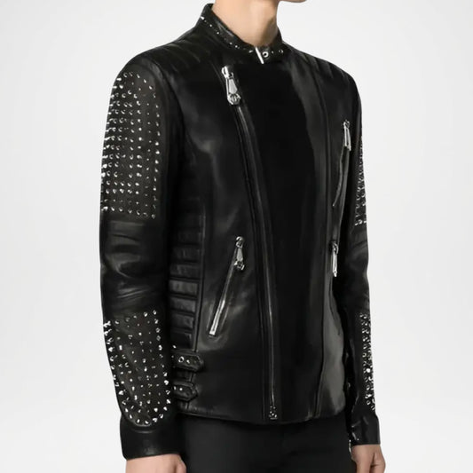 Black Studded Biker Leather Jacket for Men