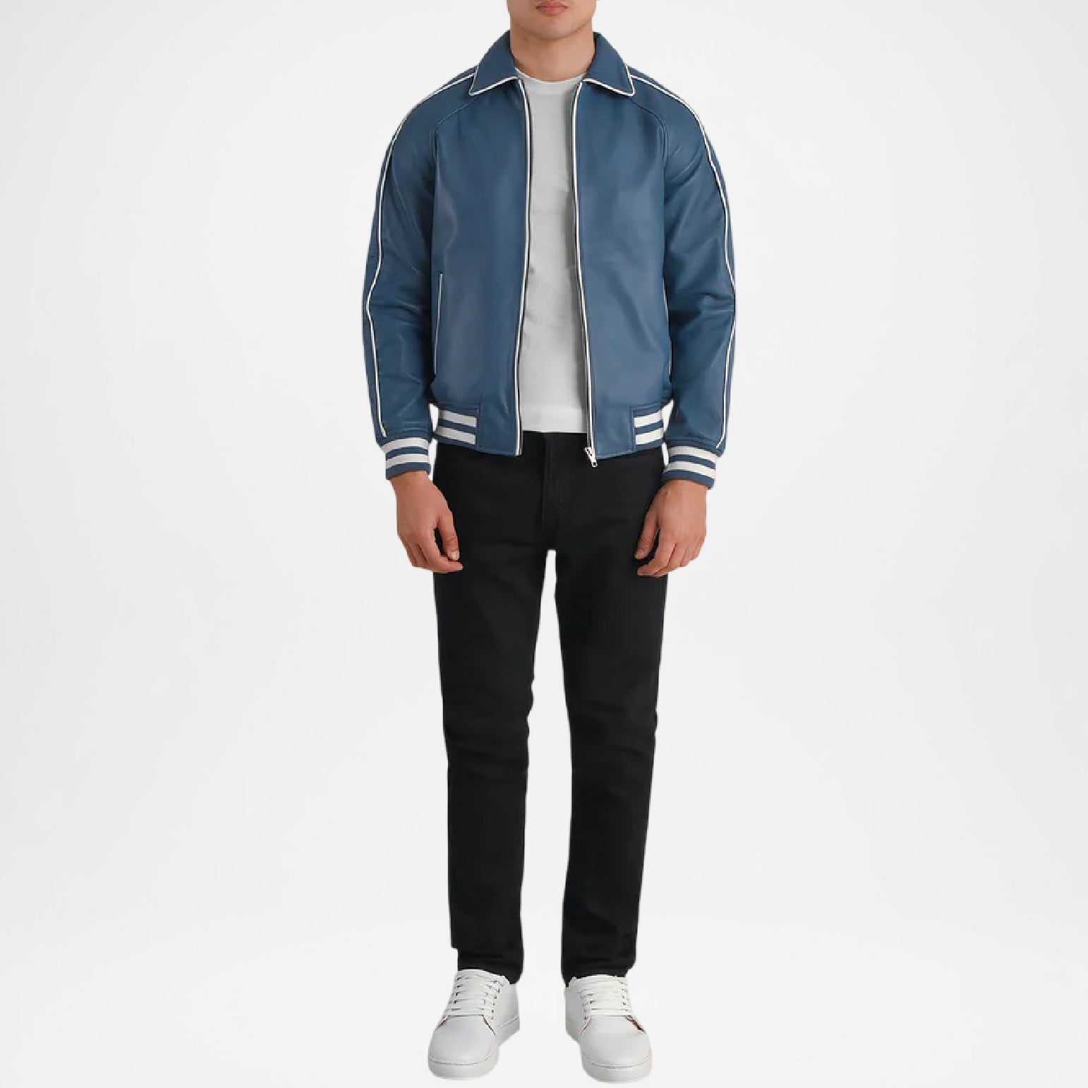 blue jacket with white stripes