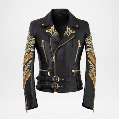Gold Embroidered Biker Jacket for Women