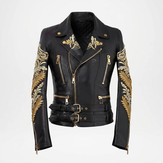 Gold Embroidered Biker Jacket for Women