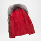 Red parka coat with gray fur hood on a white background