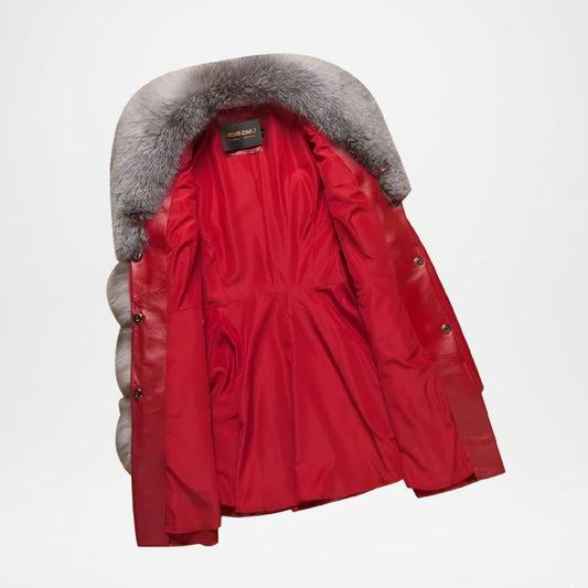 Red parka coat with gray fur hood on a white background
