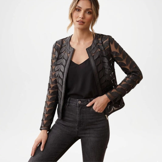 Black Leather Leaf Applique Jacket for Women
