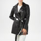 Black leather coat worn by a person on a white background