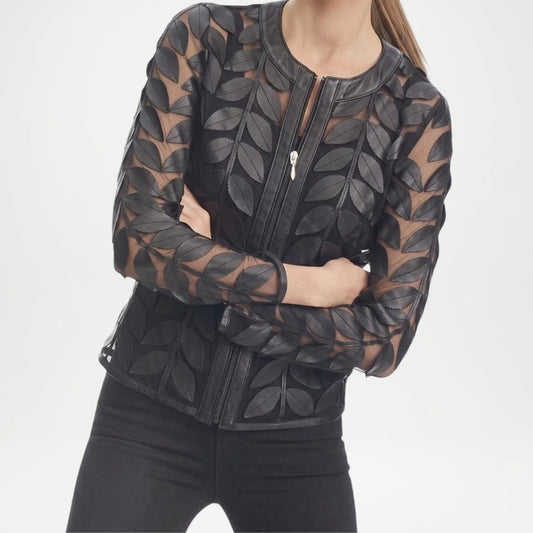Black Leather Leaf Applique Jacket for Women