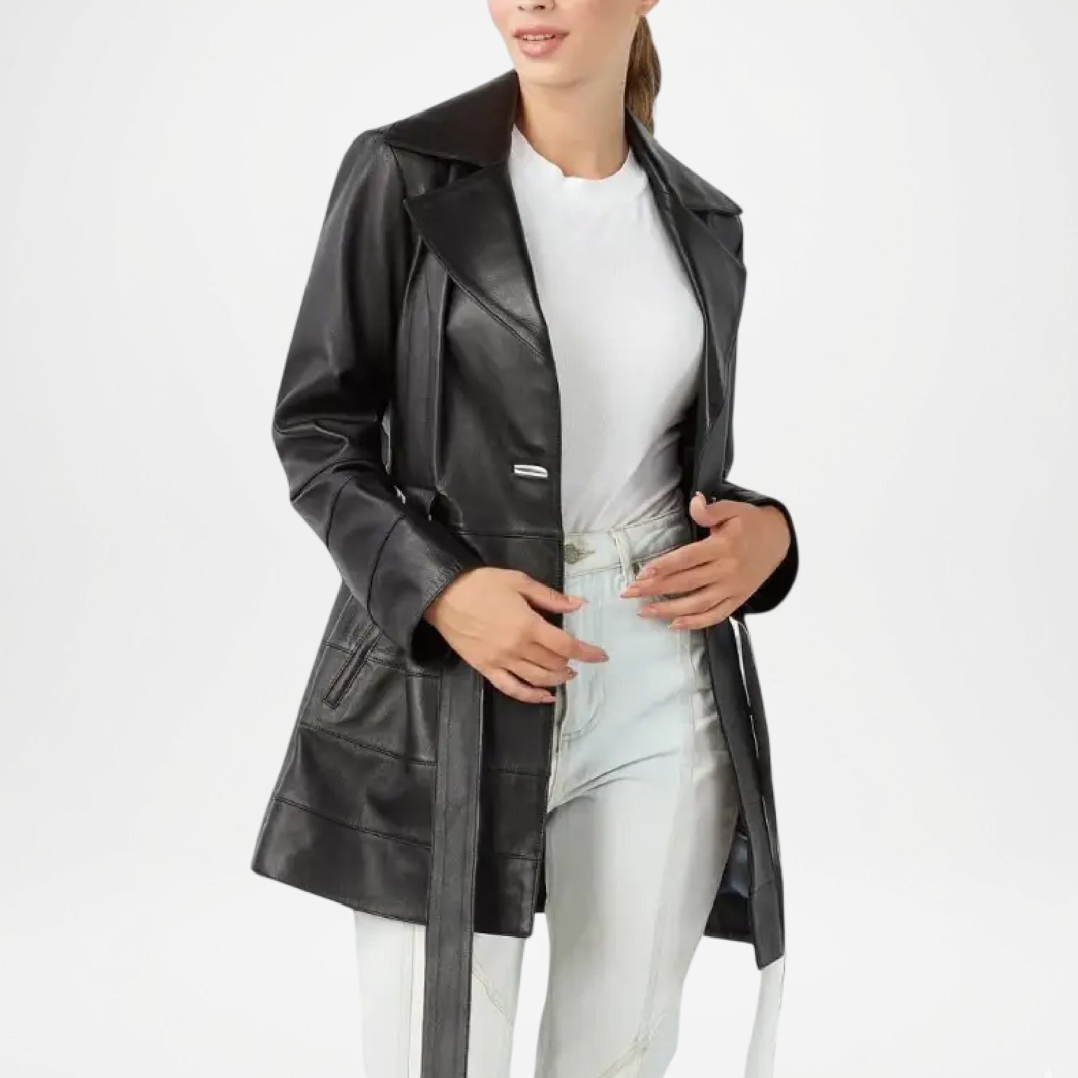 Women’s Black Leather Trench Coat Longline Classic Style