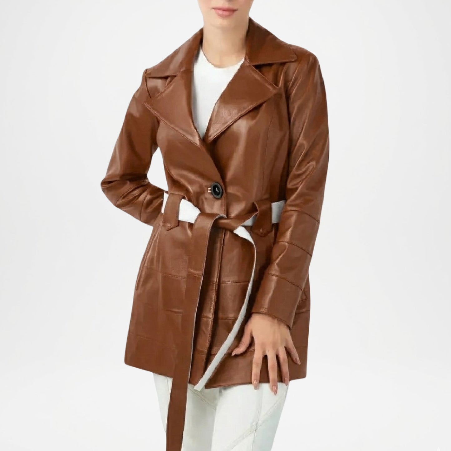 womens brown leather overcoat elegant style