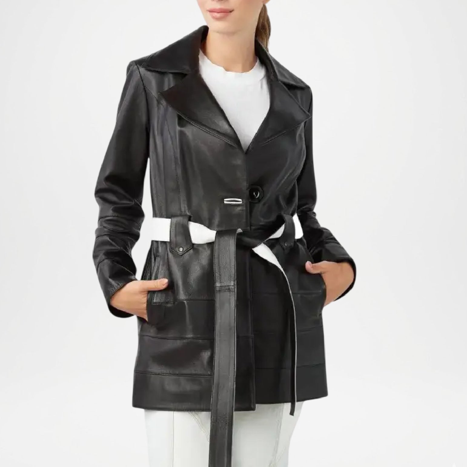 Women’s Black Leather Trench Coat