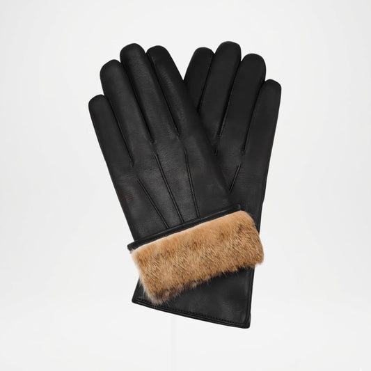 Francesca Black Italian Lambskin Leather Gloves with Rabbit Fur Lining