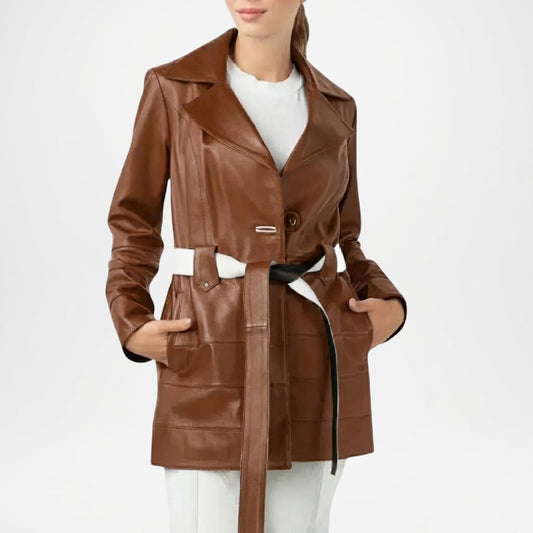 womens brown leather trench coat reve style