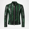 A men's green and black snakeskin-patterned leather jacket with a front zipper, stand-up collar, and ribbed hem and cuffs, shown on a plain light gray background.