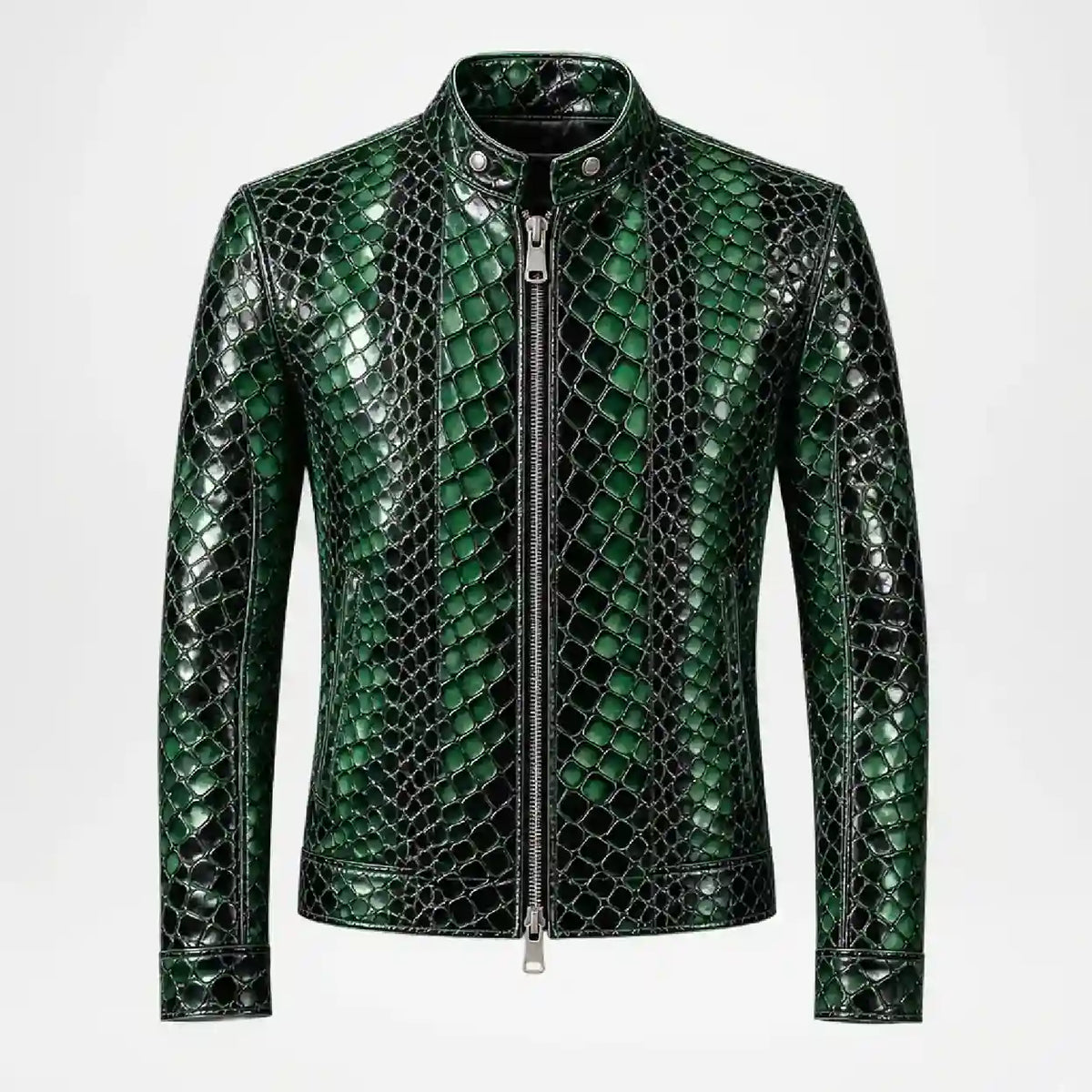 A men's green and black snakeskin-patterned leather jacket with a front zipper, stand-up collar, and ribbed hem and cuffs, shown on a plain light gray background.