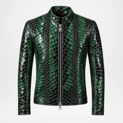 A men's green and black snakeskin-patterned leather jacket with a front zipper, stand-up collar, and ribbed hem and cuffs, shown on a plain light gray background.