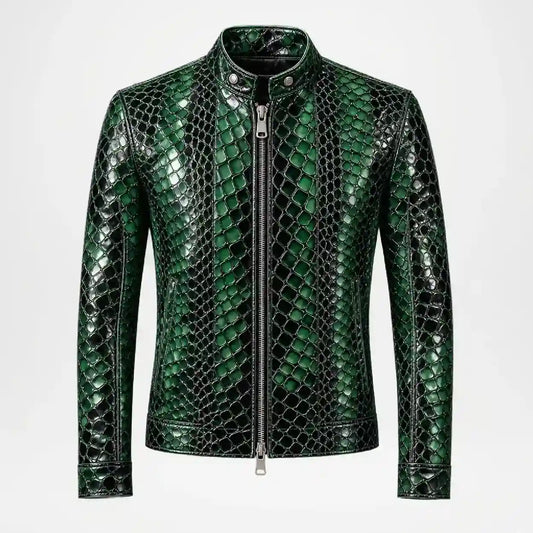 A men's green and black snakeskin-patterned leather jacket with a front zipper, stand-up collar, and ribbed hem and cuffs, shown on a plain light gray background.