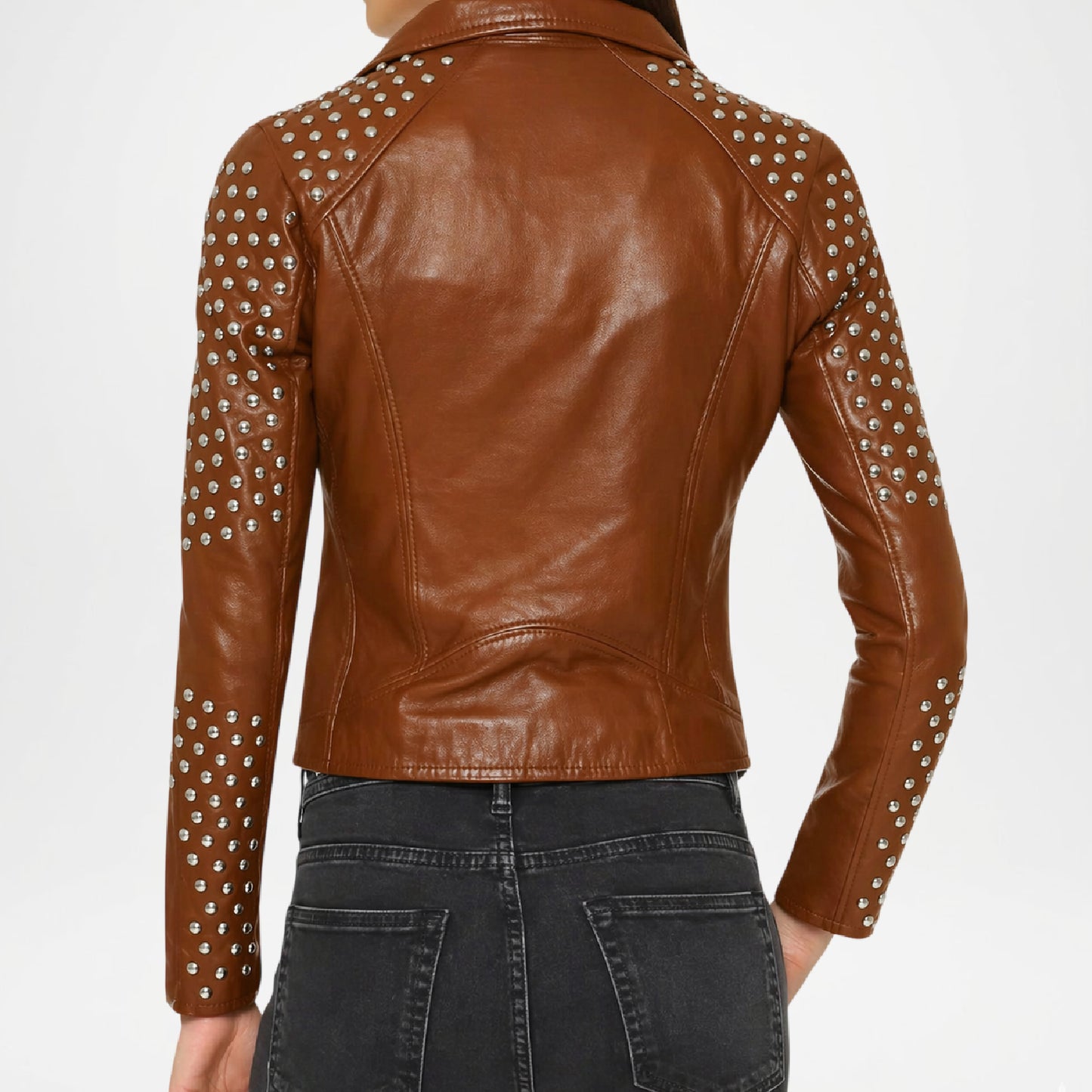 womens brown biker leather jacket studded