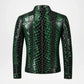 A men's long-sleeve leather jacket with a glossy green and black python or alligator print, shown from the back against a light gray background.