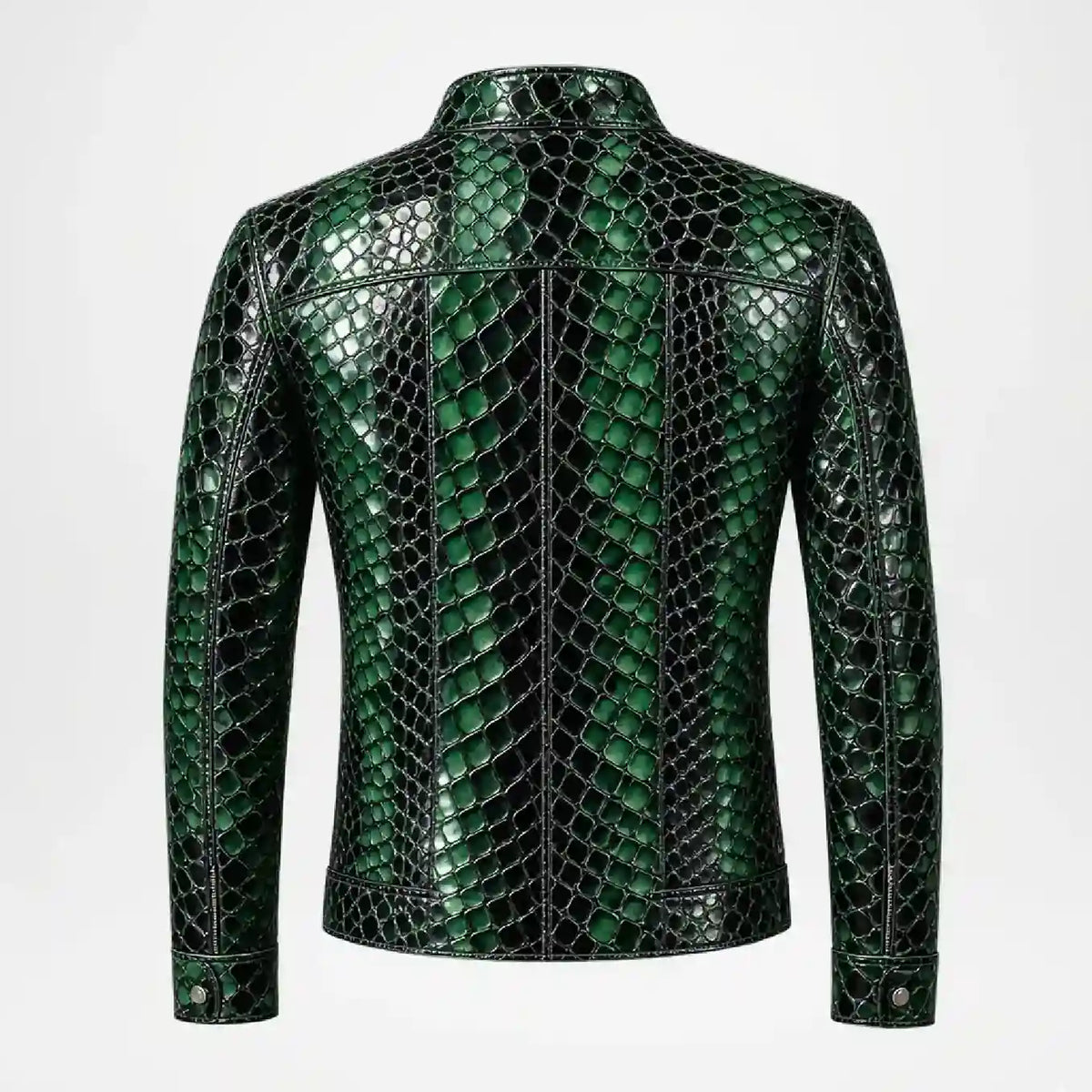 A men's long-sleeve leather jacket with a glossy green and black python or alligator print, shown from the back against a light gray background.