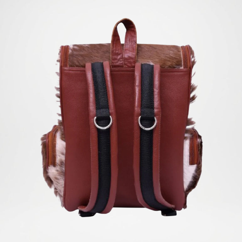 Brown leather backpack with fur accents 