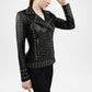 Black leather biker jacket with studs on a white background