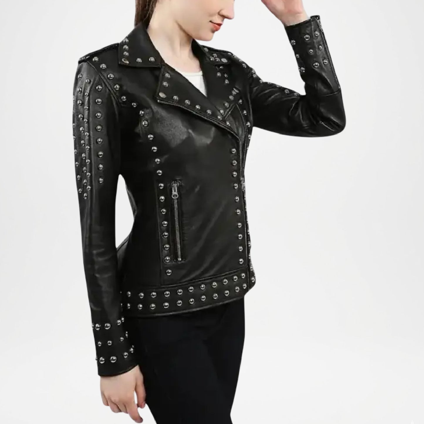 Black leather biker jacket with studs on a white background
