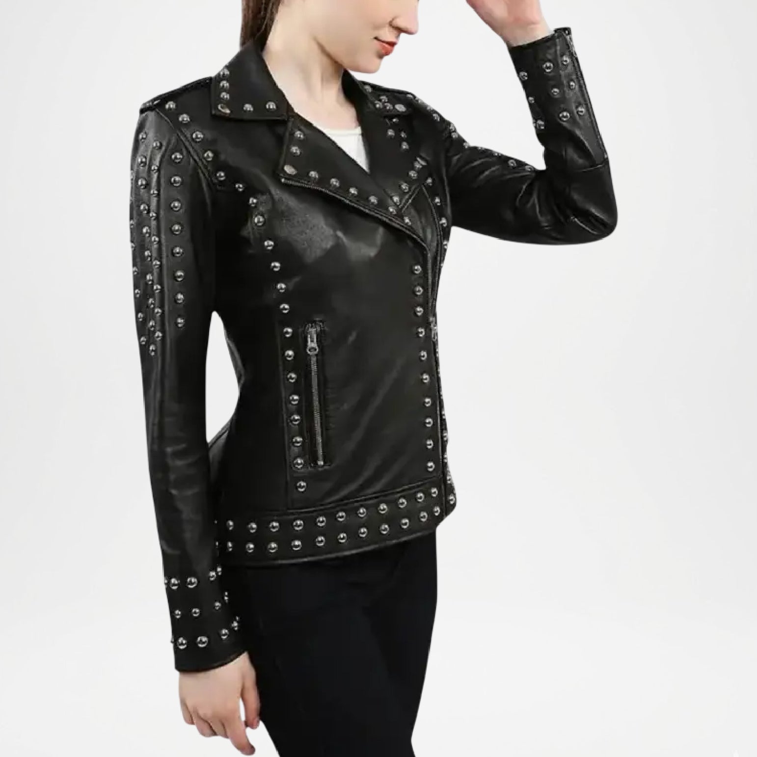Black leather biker jacket with studs on a white background