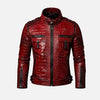 A men's red crocodile-embossed leather jacket with a stand-up collar, black front zipper, and multiple zippered pockets, shown on a plain light gray background.