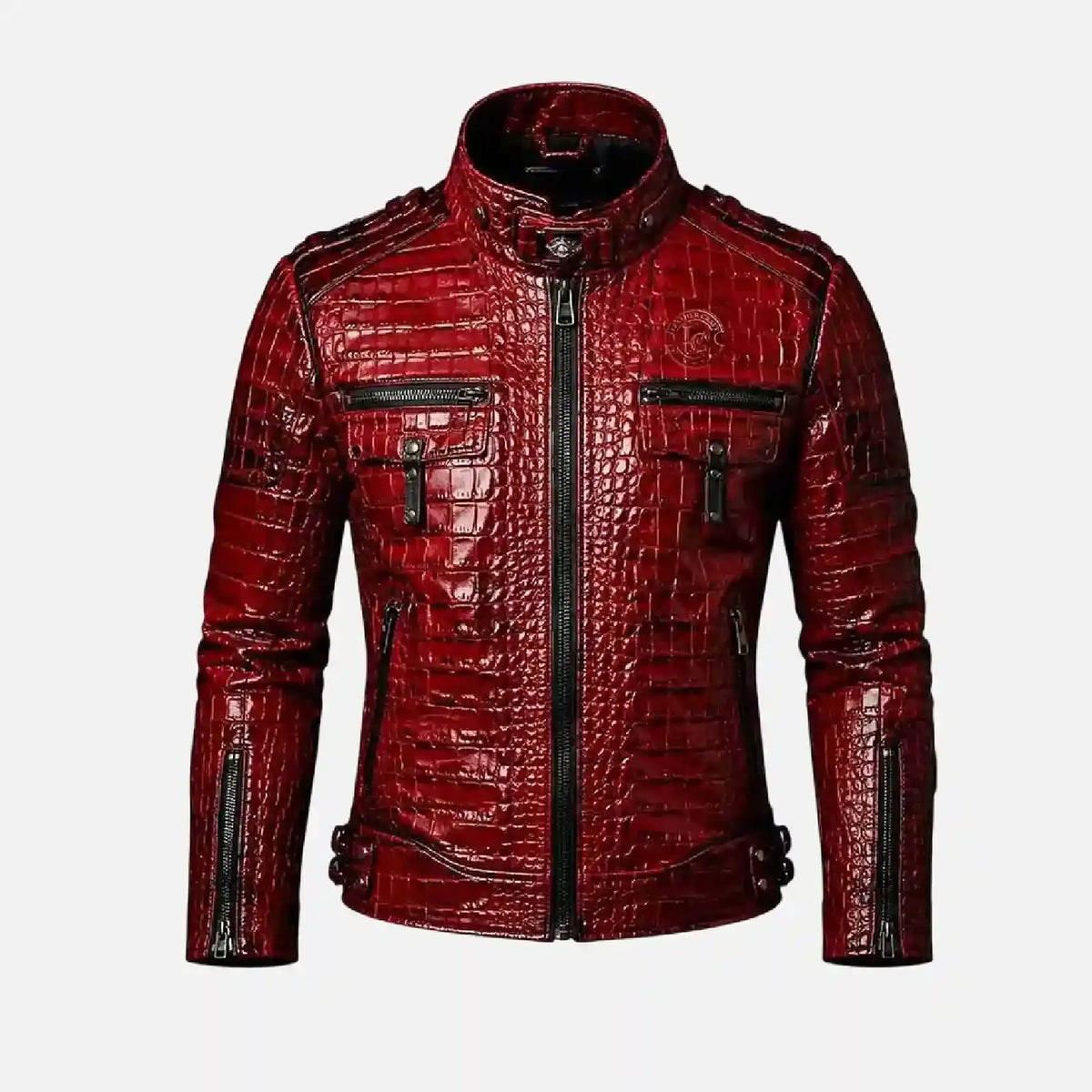 A men's red crocodile-embossed leather jacket with a stand-up collar, black front zipper, and multiple zippered pockets, shown on a plain light gray background.