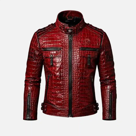 A men's red crocodile-embossed leather jacket with a stand-up collar, black front zipper, and multiple zippered pockets, shown on a plain light gray background.