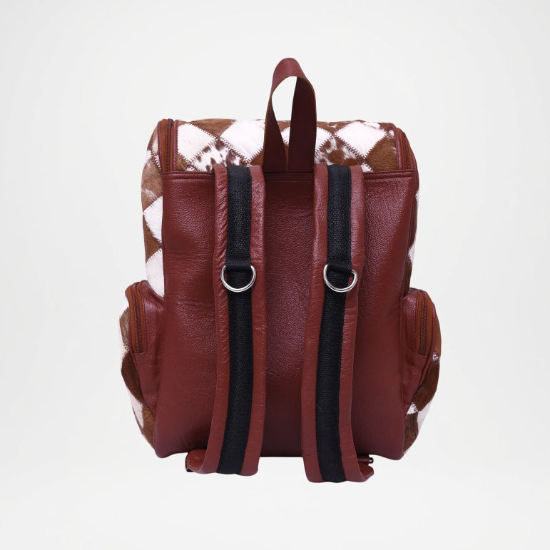 Brown leather backpack with black straps on a white background