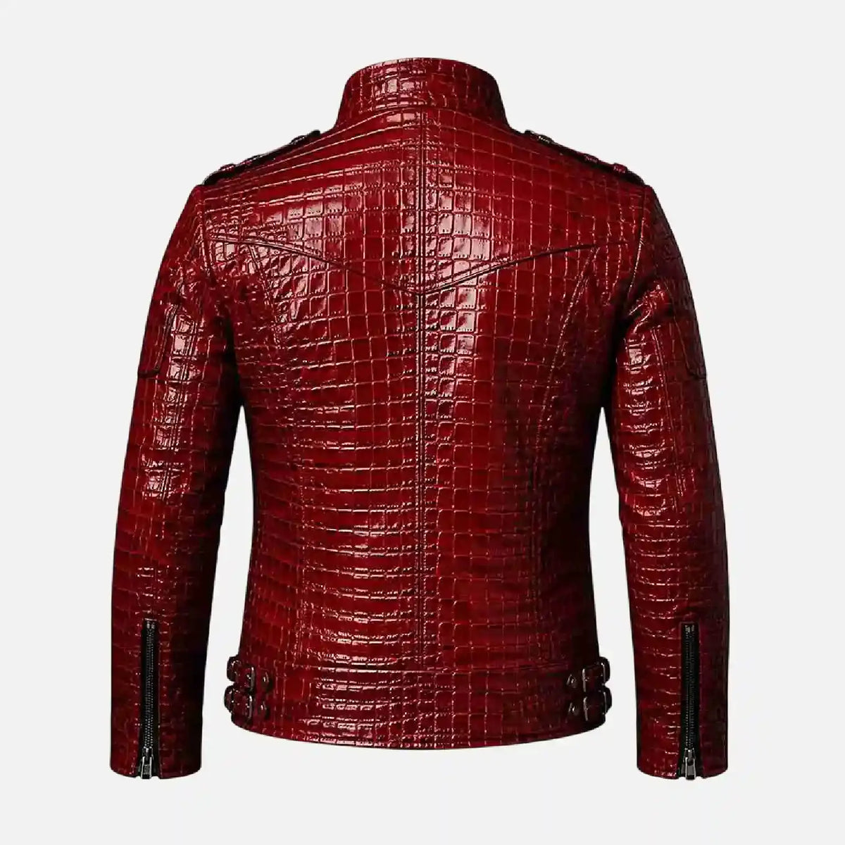 A red faux-crocodile leather jacket shown from the back, featuring a high collar, zippered side details, and a textured embossed pattern, set against a plain light gray background.