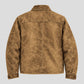 A brown distressed denim jacket shown from the back, featuring a central seam and classic collar, photographed against a solid light gray background.