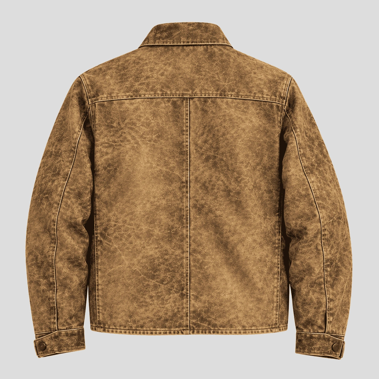 A brown distressed denim jacket shown from the back, featuring a central seam and classic collar, photographed against a solid light gray background.