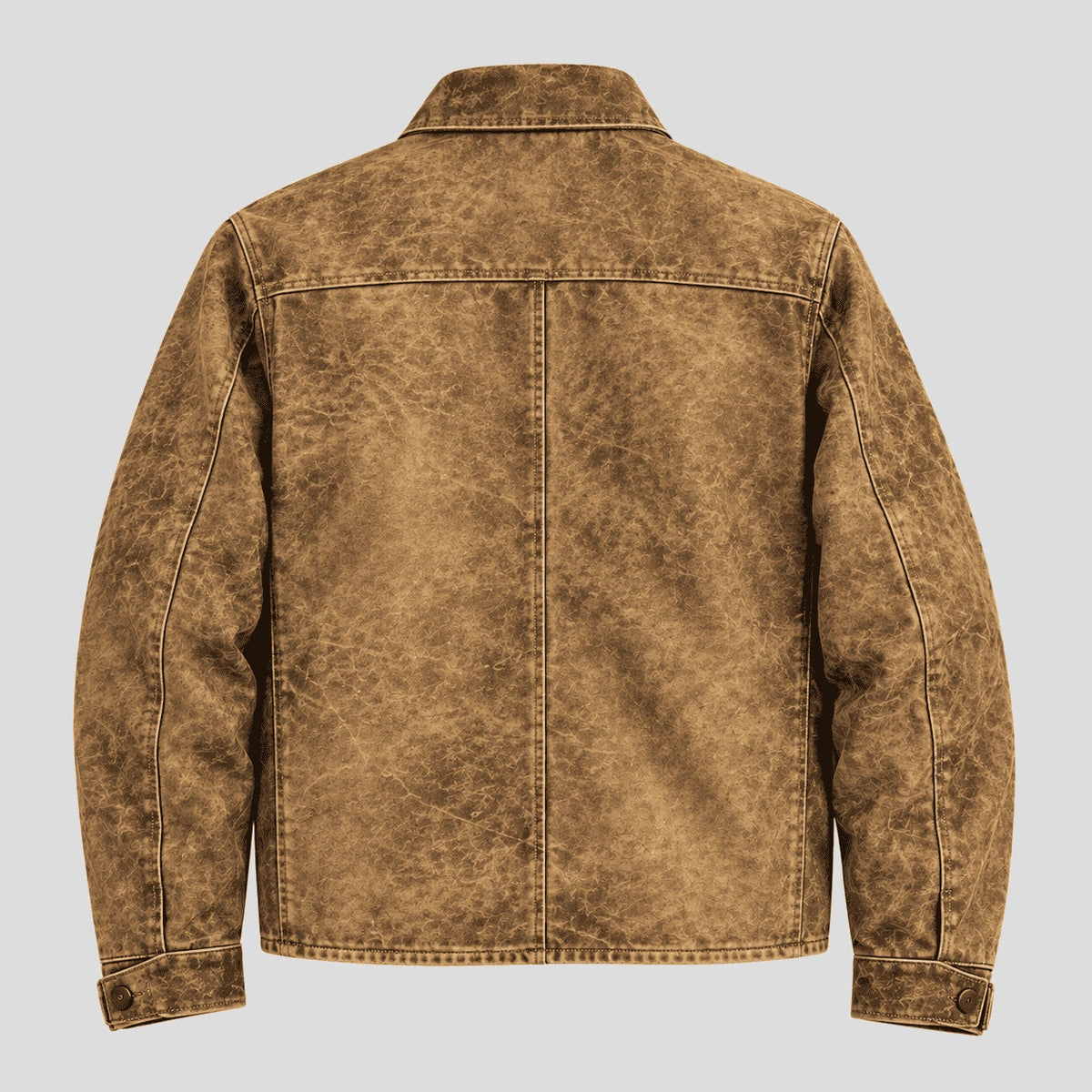 A brown distressed denim jacket shown from the back, featuring a central seam and classic collar, photographed against a solid light gray background.