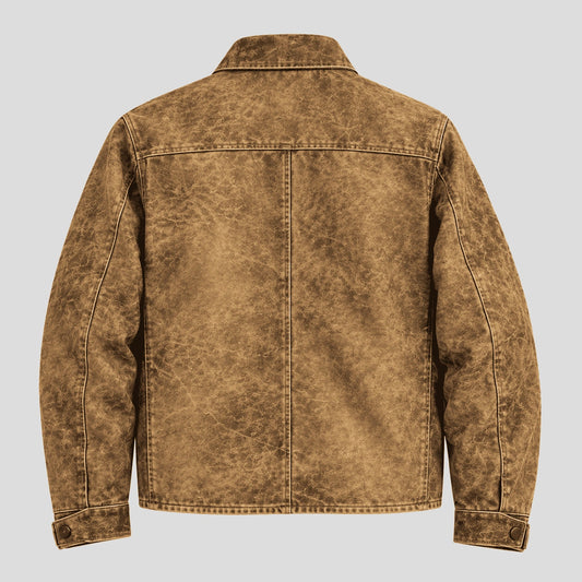 A brown distressed denim jacket shown from the back, featuring a central seam and classic collar, photographed against a solid light gray background.