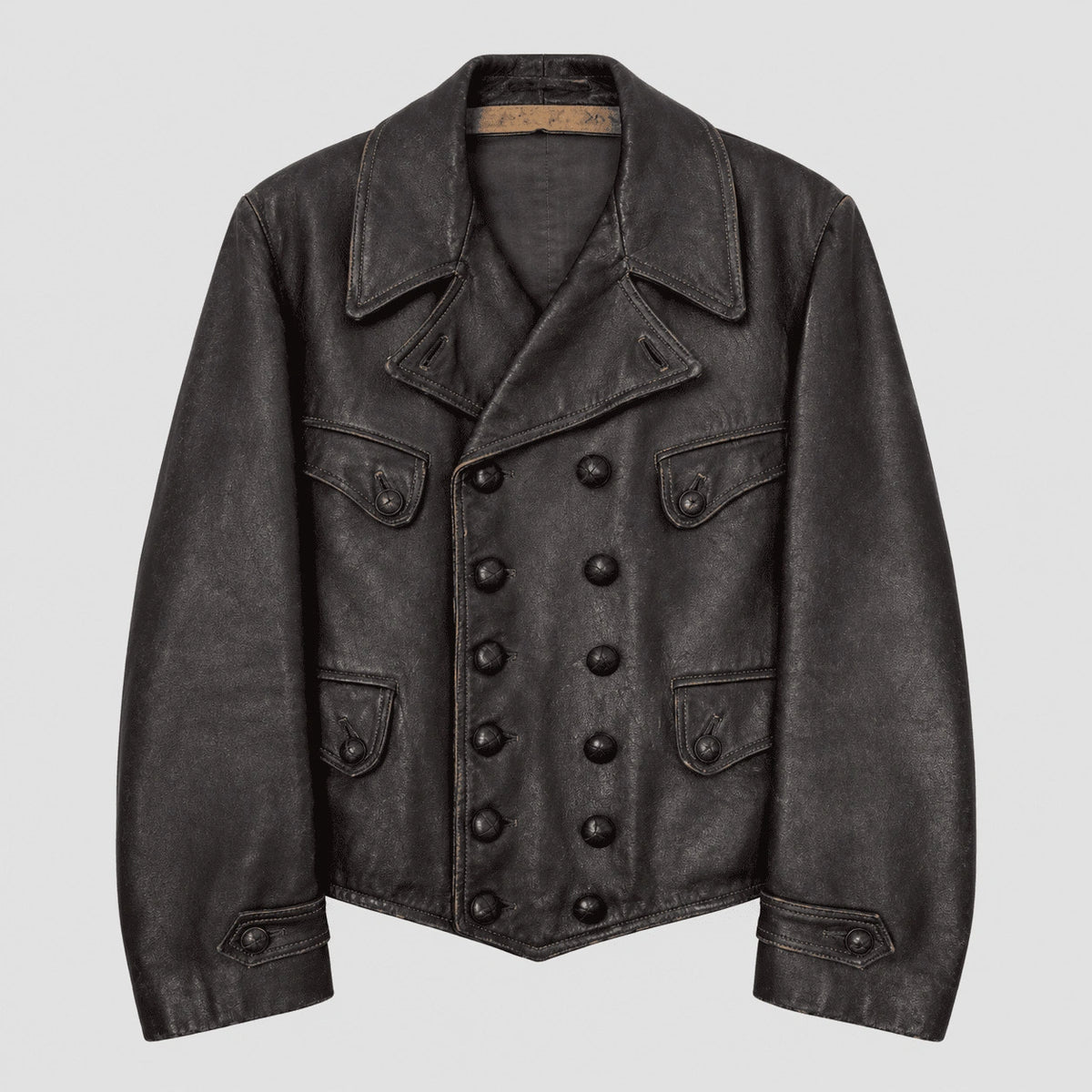 A dark charcoal gray distressed leather jacket with a double-breasted button closure, pointed collar, and flap pockets, shown against a light gray background.