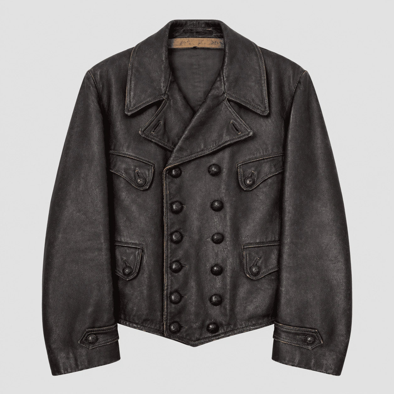 A dark charcoal gray distressed leather jacket with a double-breasted button closure, pointed collar, and flap pockets, shown against a light gray background.