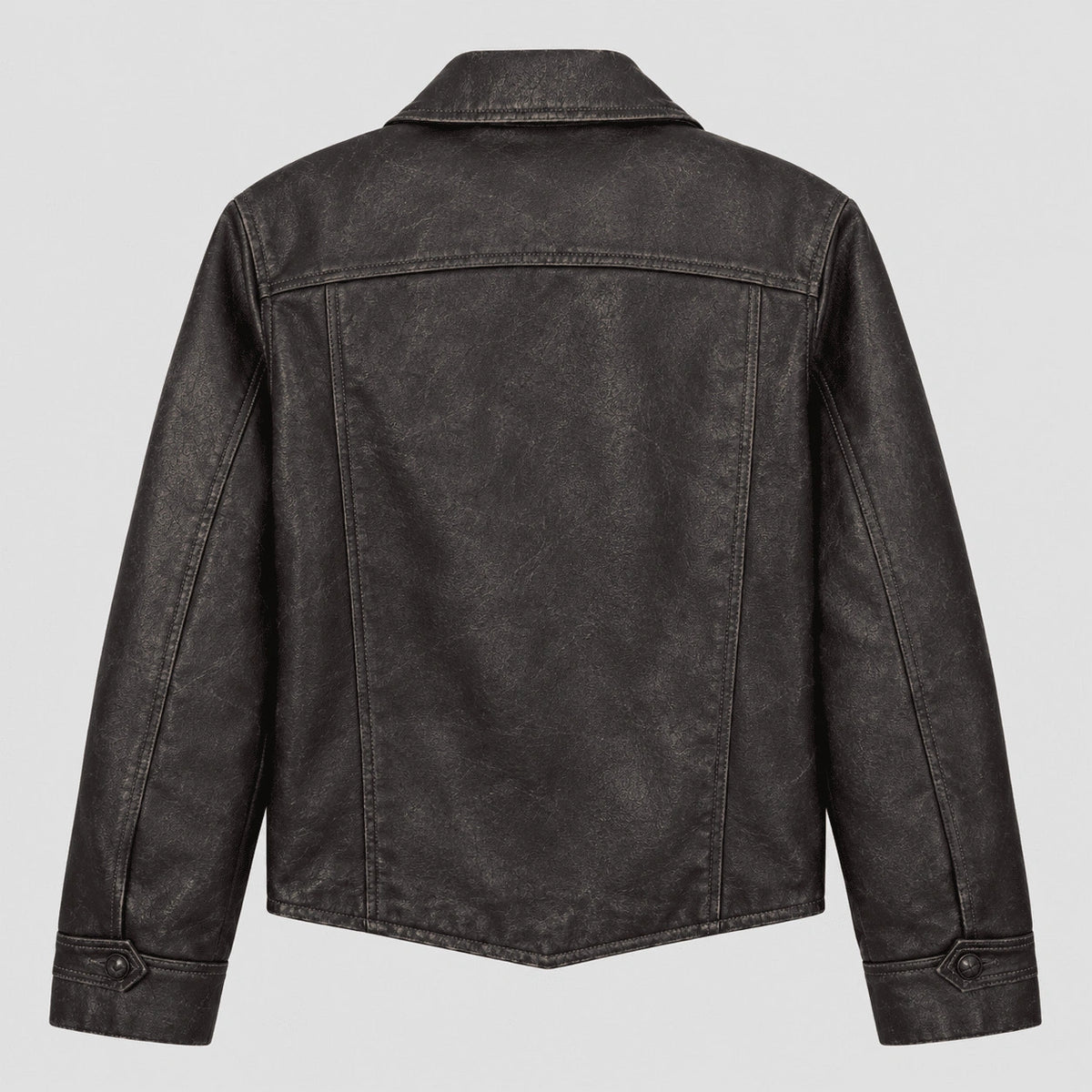 A dark charcoal gray faux leather jacket shown from the back, featuring a collar, long sleeves with buttoned cuffs, and a distressed texture, set against a solid light gray background.
